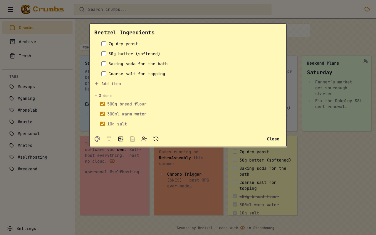 Checklist note with bretzel ingredients and checkboxes