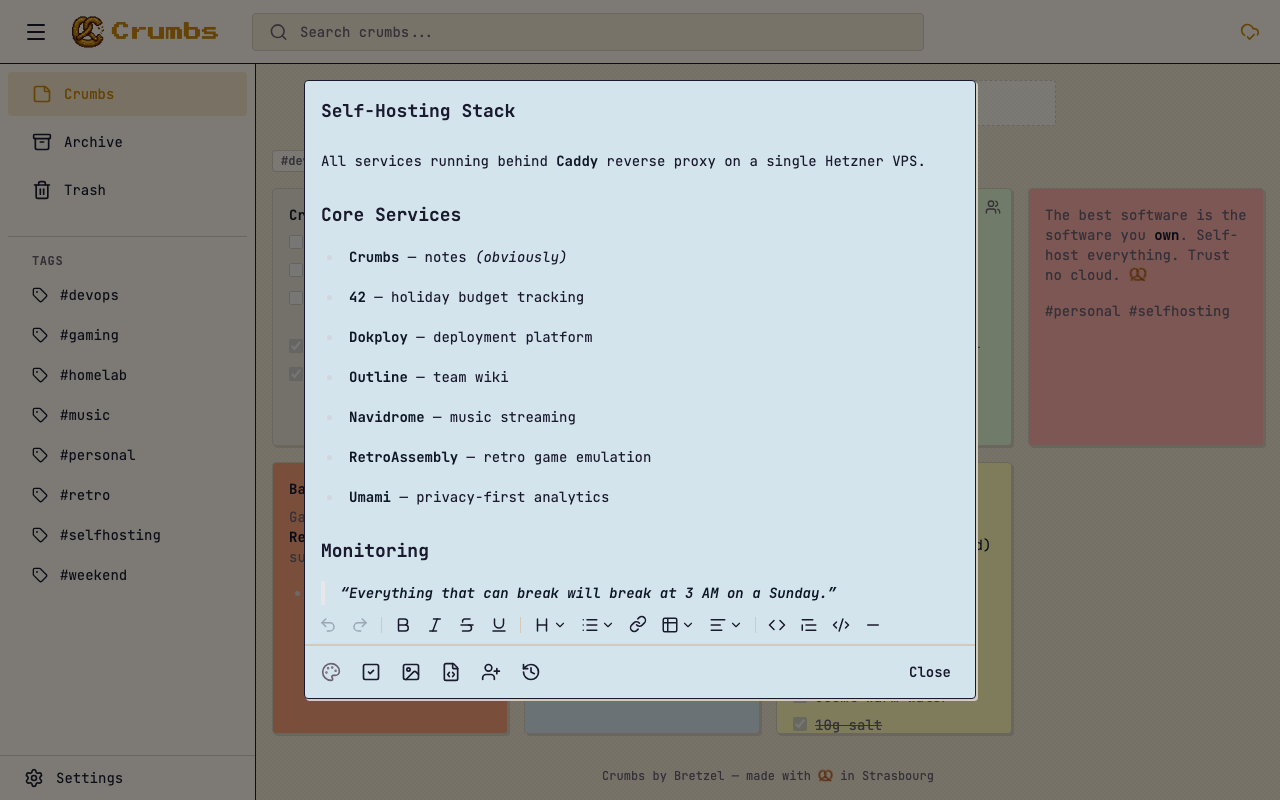Rich text editor with formatting toolbar and self-hosting stack note
