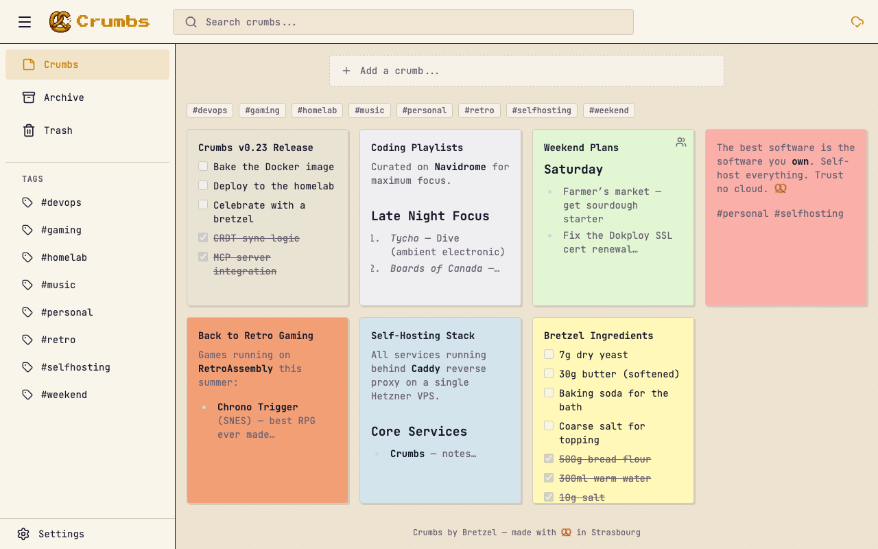 Crumbs notes grid view showing colorful note cards with checklists, tags, and rich text