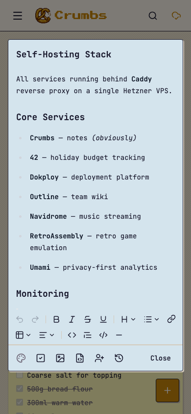 Mobile rich text editor with self-hosting stack note