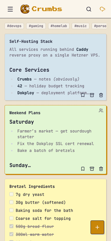 Mobile notes grid with tags and colorful cards